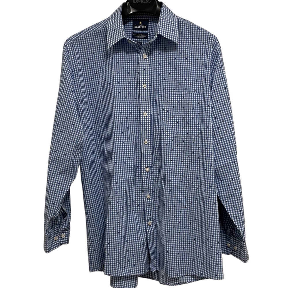 Stafford Travel Performance Super Shirt Blue & White Checkered w Birds 17